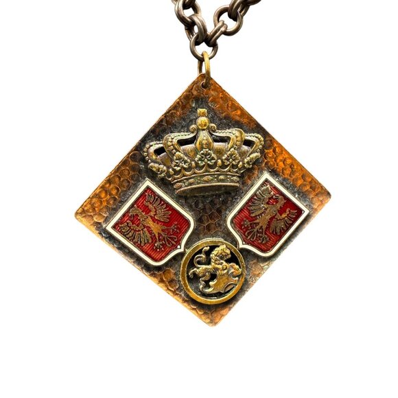 Hammered Royal Crown Eagle Symbol Pendant Chain Necklace Brass Tone - Picture 3 of 7